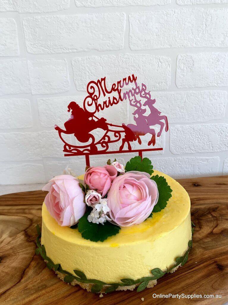 Acrylic Red 'Merry Christmas' Santa Riding Sleigh Cake Topper - Xmas New Year Party Cake Decorations