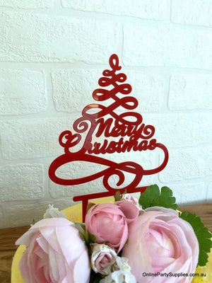 Acrylic Red Christmas Tree Cake Topper - Xmas New Year Party Cake Decorations