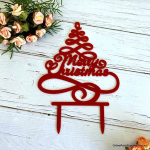 Acrylic Red Christmas Tree Cake Topper - Xmas New Year Party Cake Decorations