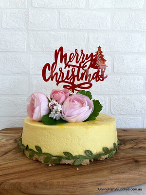 Acrylic Red Merry Christmas with Xmas Tree Cake Topper - Xmas New Year Party Cake Decorations