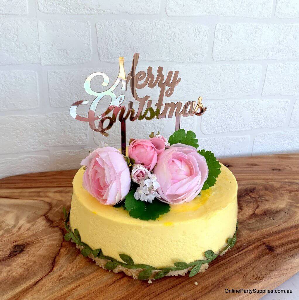 Acrylic Rose Gold Mirror 'Merry Christmas' Cake Topper - Xmas New Year Party Cake Decorations