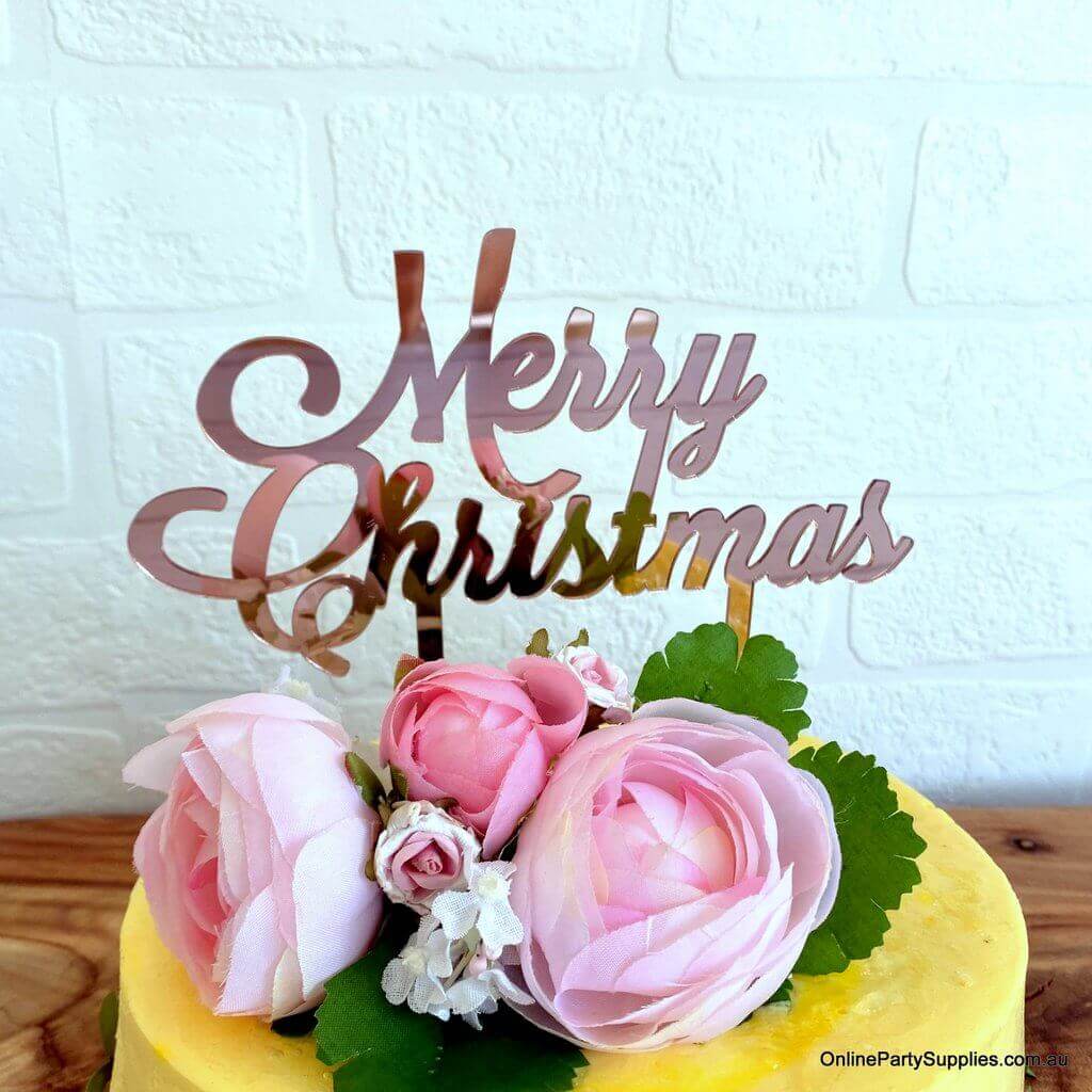 Acrylic Rose Gold Mirror 'Merry Christmas' Cake Topper - Xmas New Year Party Cake Decorations