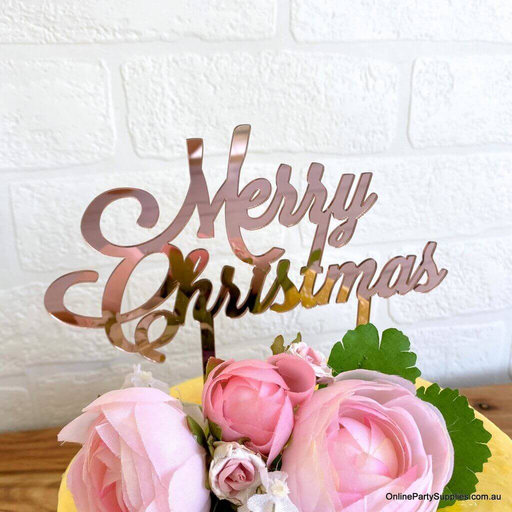 Acrylic Rose Gold Mirror 'Merry Christmas' Cake Topper - Xmas New Year Party Cake Decorations