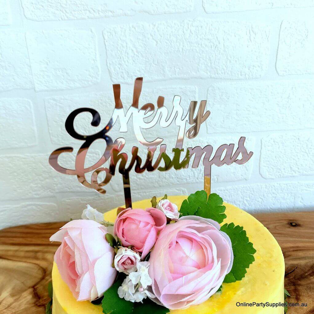 Acrylic Rose Gold Mirror 'Merry Christmas' Cake Topper - Xmas New Year Party Cake Decorations
