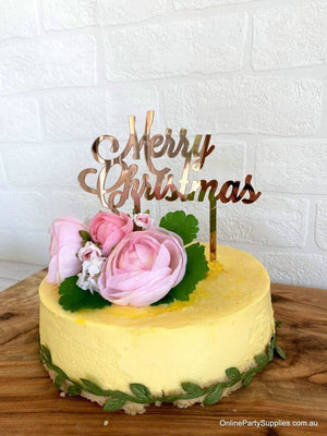 Acrylic Rose Gold Mirror 'Merry Christmas' Cake Topper - Xmas New Year Party Cake Decorations