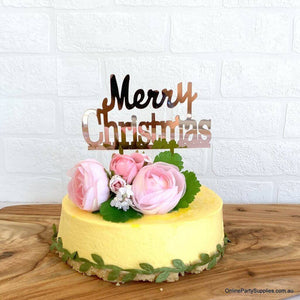 Acrylic Classic Rose Gold Mirror 'Merry Christmas' Cake Topper - Xmas New Year Party Cake Decorations