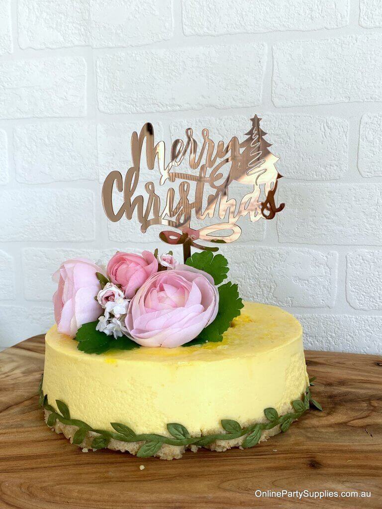 Rose Gold Mirror Acrylic Merry Christmas with Xmas Tree Cake Topper - Xmas New Year Party Cake Decorations