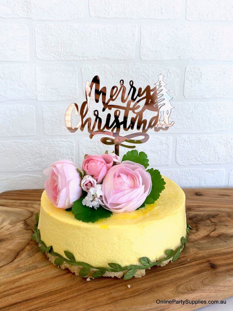 Rose Gold Mirror Acrylic Merry Christmas with Xmas Tree Cake Topper - Xmas New Year Party Cake Decorations