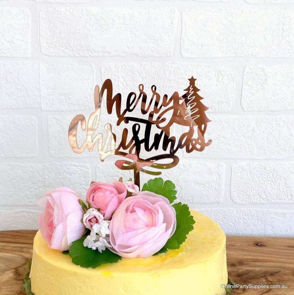 Rose Gold Mirror Acrylic Merry Christmas with Xmas Tree Cake Topper - Xmas New Year Party Cake Decorations