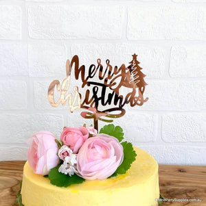 Rose Gold Mirror Acrylic Merry Christmas with Xmas Tree Cake Topper - Xmas New Year Party Cake Decorations
