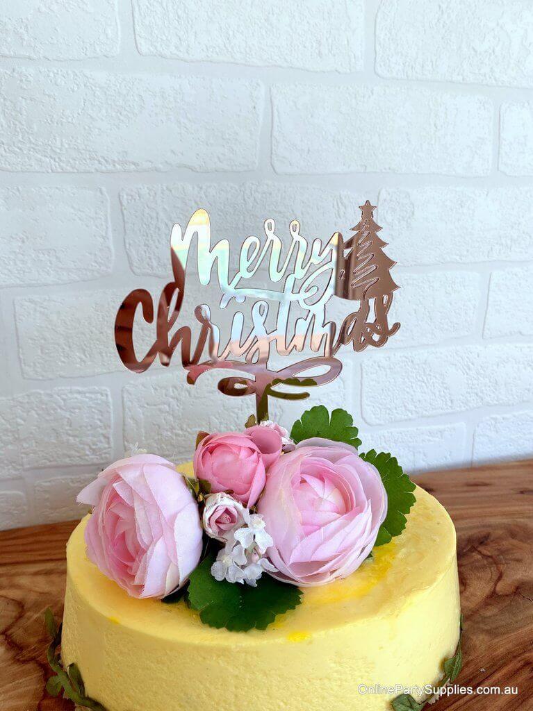 Rose Gold Mirror Acrylic Merry Christmas with Xmas Tree Cake Topper - Xmas New Year Party Cake Decorations