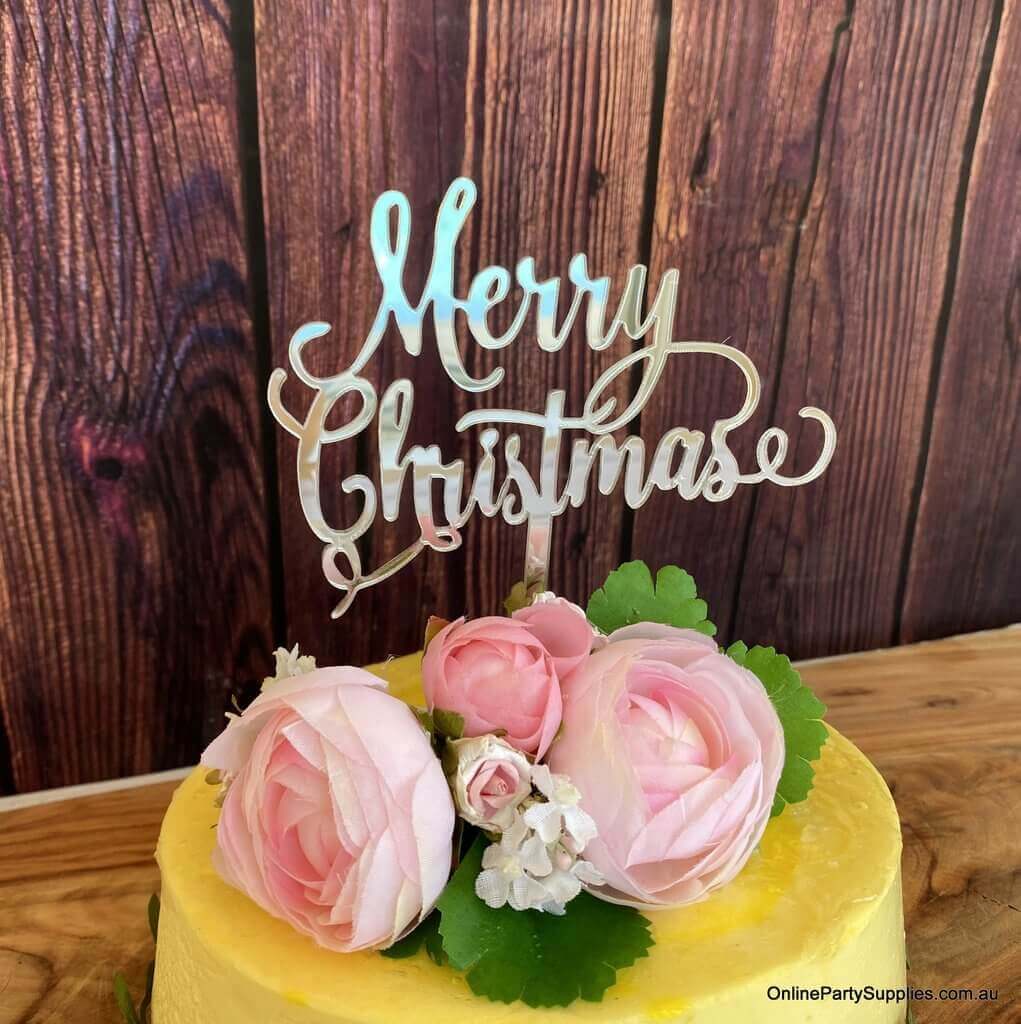 Acrylic Silver Mirror 'Merry Christmas' Cake Topper - Xmas New Year Party Cake Decorations