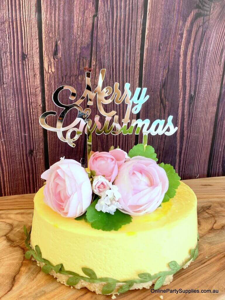 Acrylic Silver Mirror 'Merry Christmas' Cake Topper - Xmas New Year Party Cake Decorations