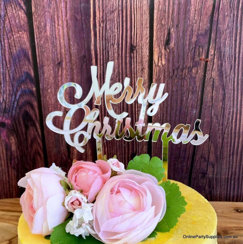 Acrylic Silver Mirror 'Merry Christmas' Cake Topper - Xmas New Year Party Cake Decorations