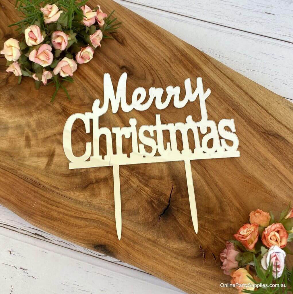 Acrylic Classic Silver Mirror 'Merry Christmas' Cake Topper - Xmas New Year Party Cake Decorations