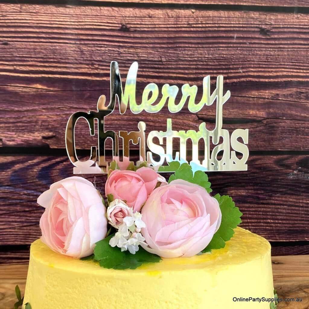 Acrylic Classic Silver Mirror 'Merry Christmas' Cake Topper - Xmas New Year Party Cake Decorations