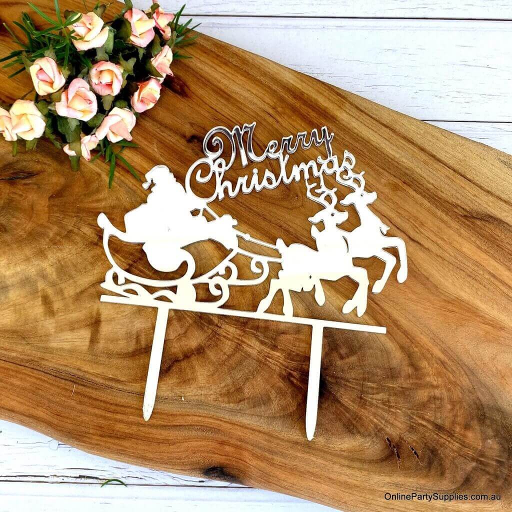 Acrylic Red 'Merry Christmas' Santa Riding Sleigh Cake Topper - Xmas New Year Party Cake Decorations