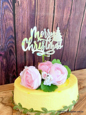 Silver Mirror Acrylic Merry Christmas with Xmas Tree Cake Topper - Xmas New Year Party Cake Decorations