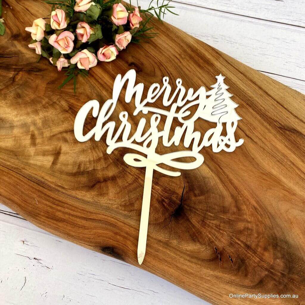 Silver Mirror Acrylic Merry Christmas with Xmas Tree Cake Topper - Xmas New Year Party Cake Decorations