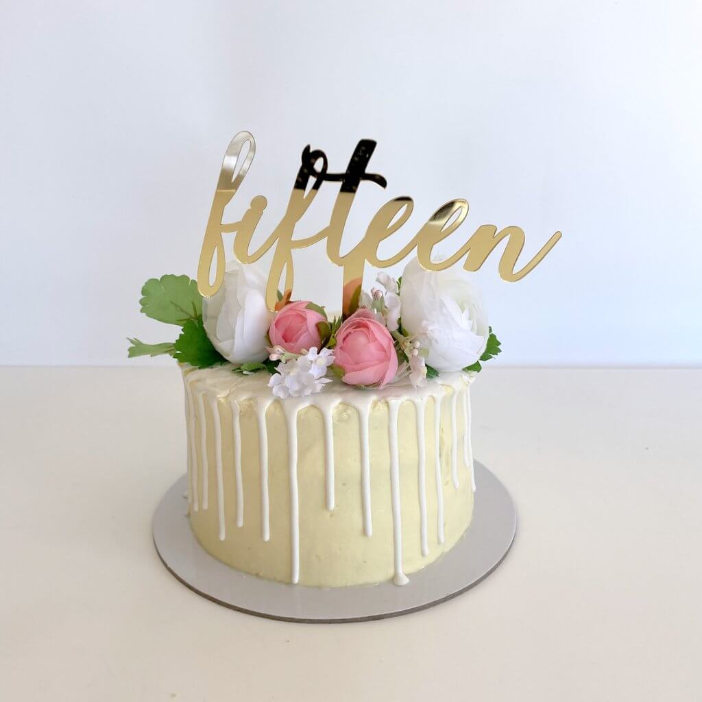 Acrylic Gold Mirror 'fifteen' Script 15th Birthday Cake Topper