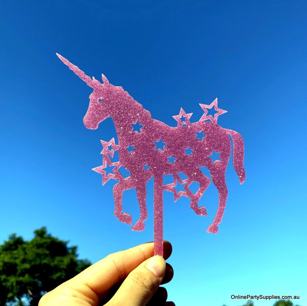 Online Party Supplies Australia acrylic silhouette sparkles pink glitter unicorn stars birthday cake topper