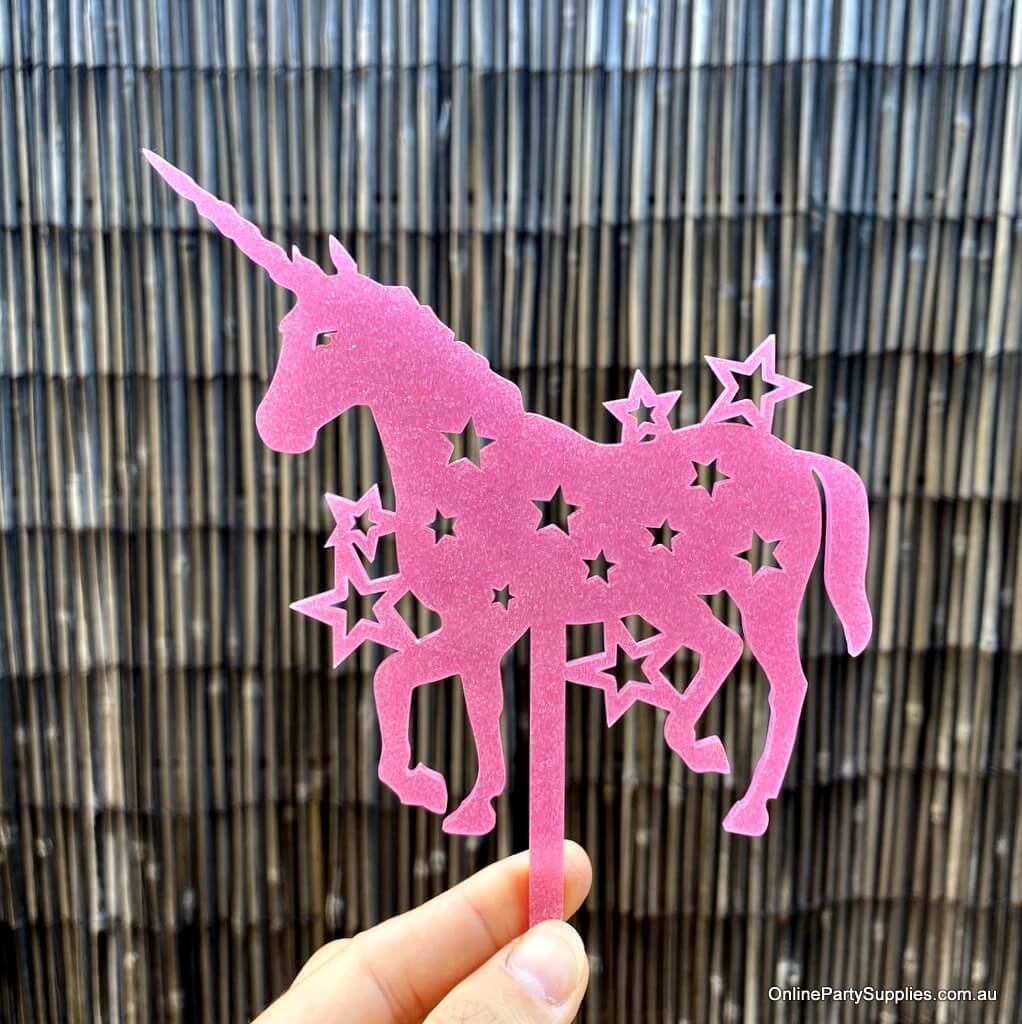 Online Party Supplies Australia acrylic silhouette sparkles pink glitter unicorn stars birthday cake topper