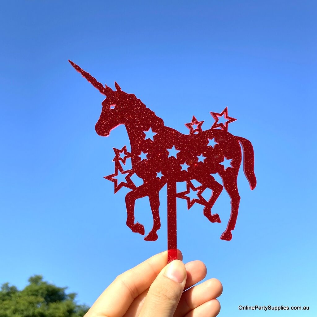 Online Party Supplies Australia acrylic silhouette sparkles red glitter unicorn stars birthday cake topper