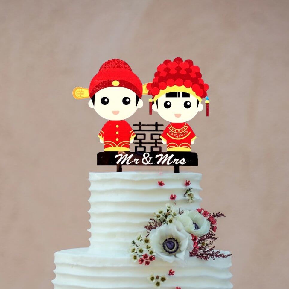 Chinese Bride Groom Double Happiness Wedding Cake Topper