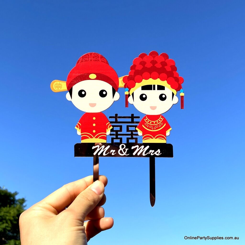 Chinese Bride Groom Double Happiness Wedding Cake Topper