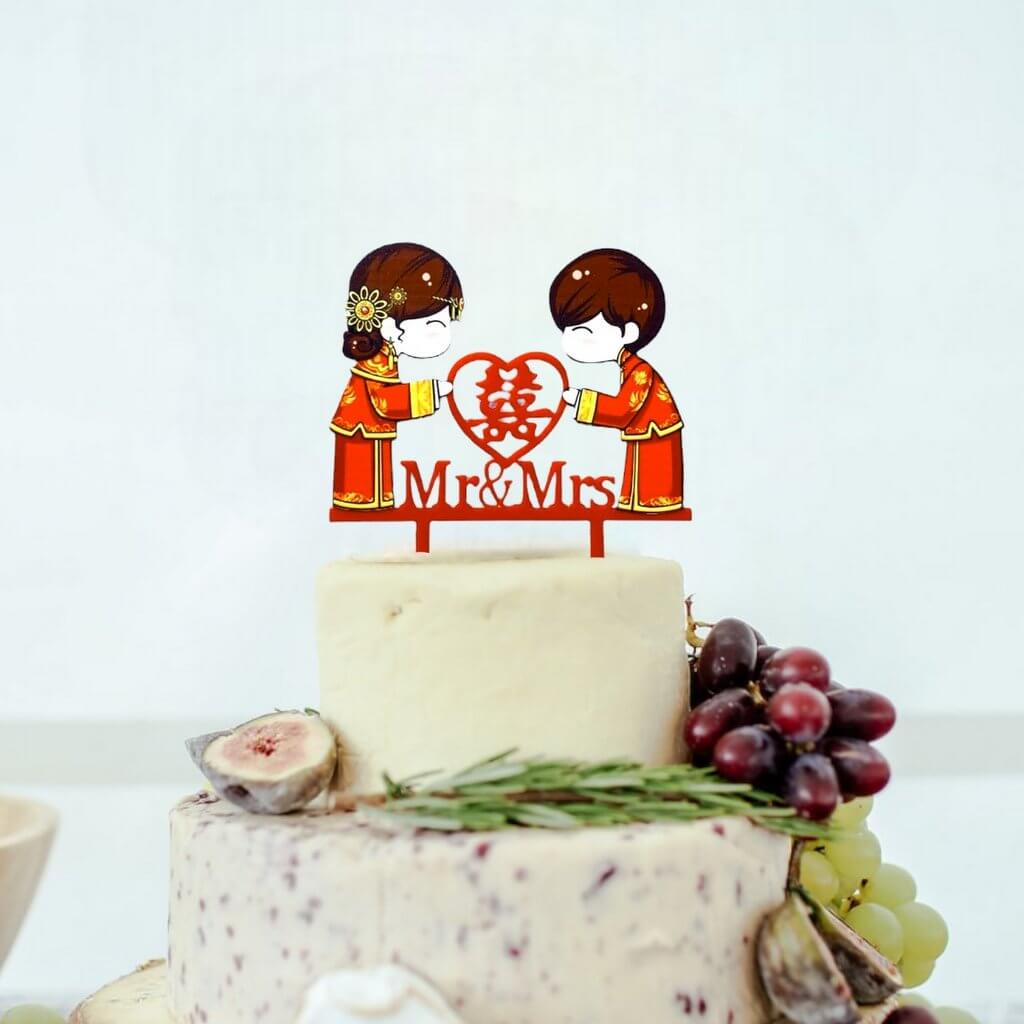 Chinese Bride Groom Double Happiness Mr & Mrs Wedding Cake Topper
