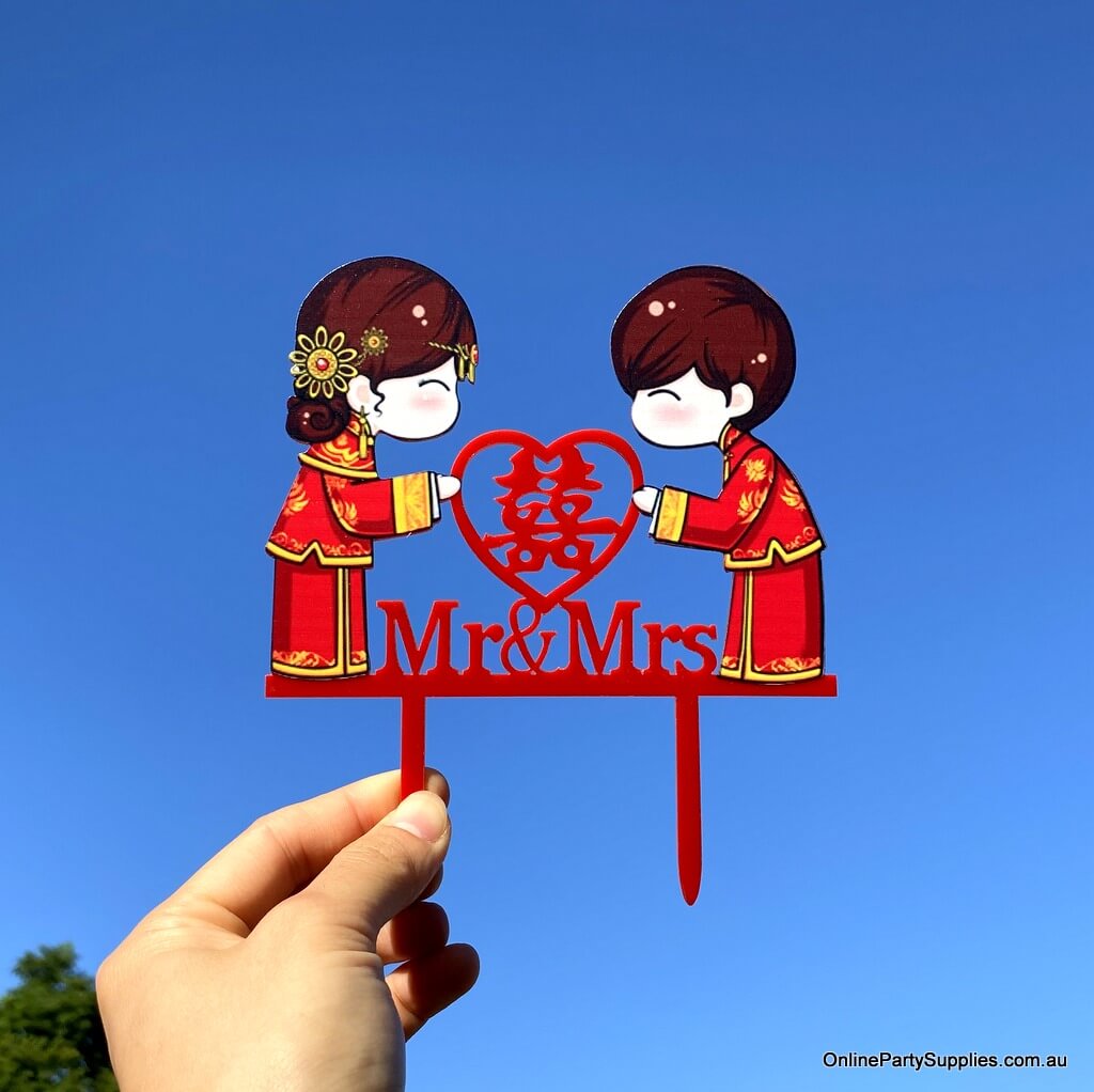 Chinese Bride Groom Double Happiness Mr & Mrs Wedding Cake Topper