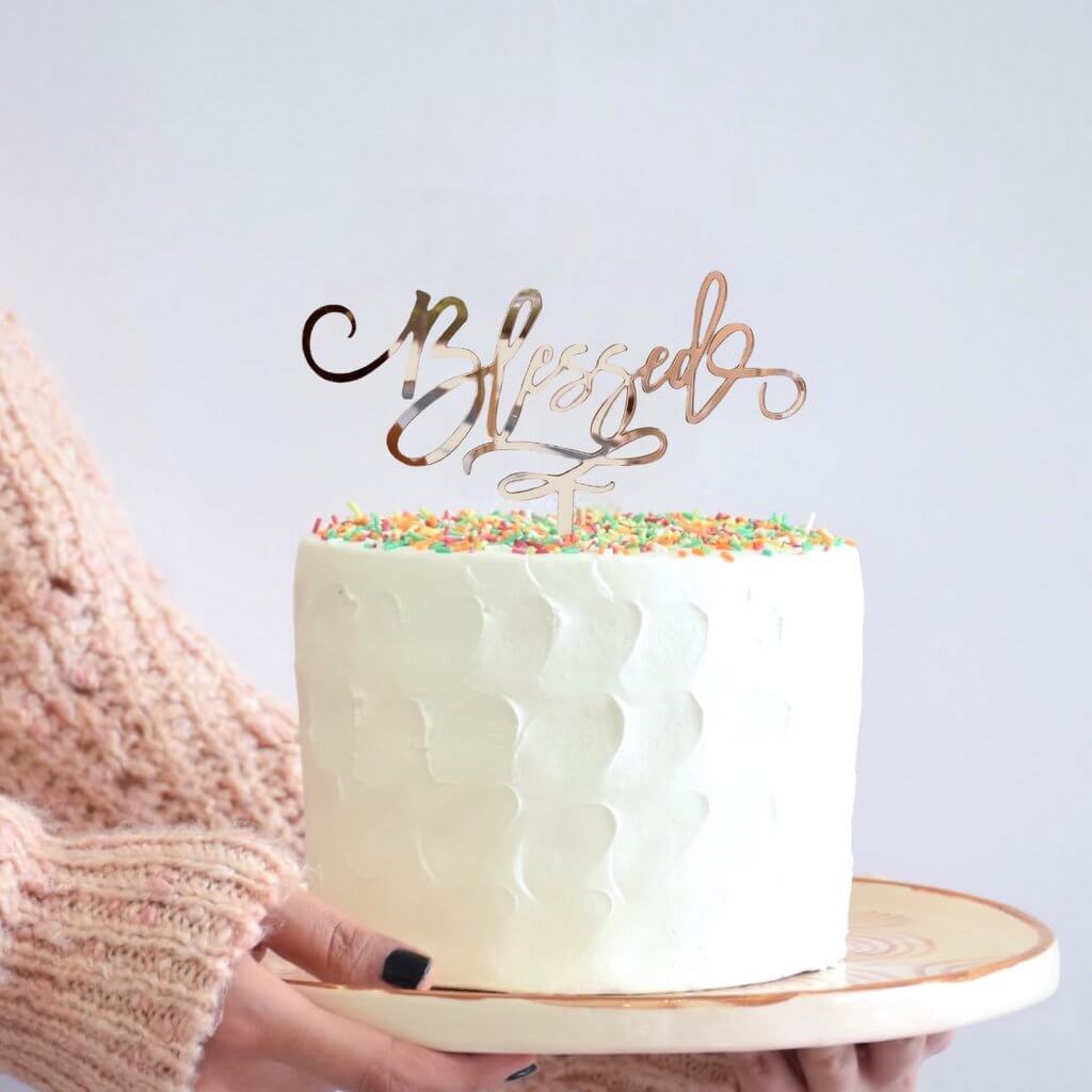 Acrylic Rose Gold Mirror Blessed Cake Topper - Christening / Baptism / Baby Shower Cake Decorations