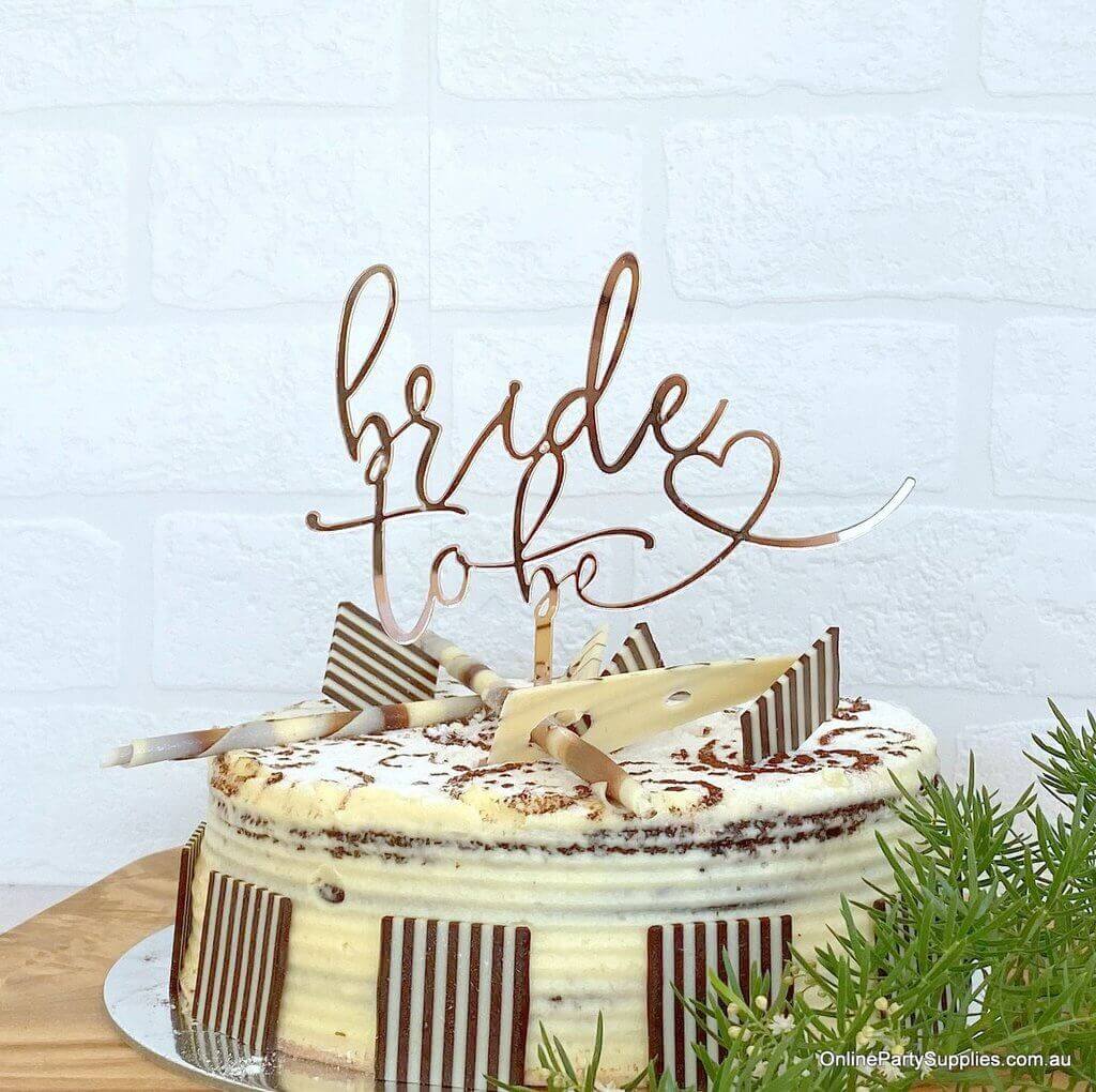 Rose Gold Mirror Acrylic 'Bride To Be' with Heart Wedding Bridal Shower Cake Topper