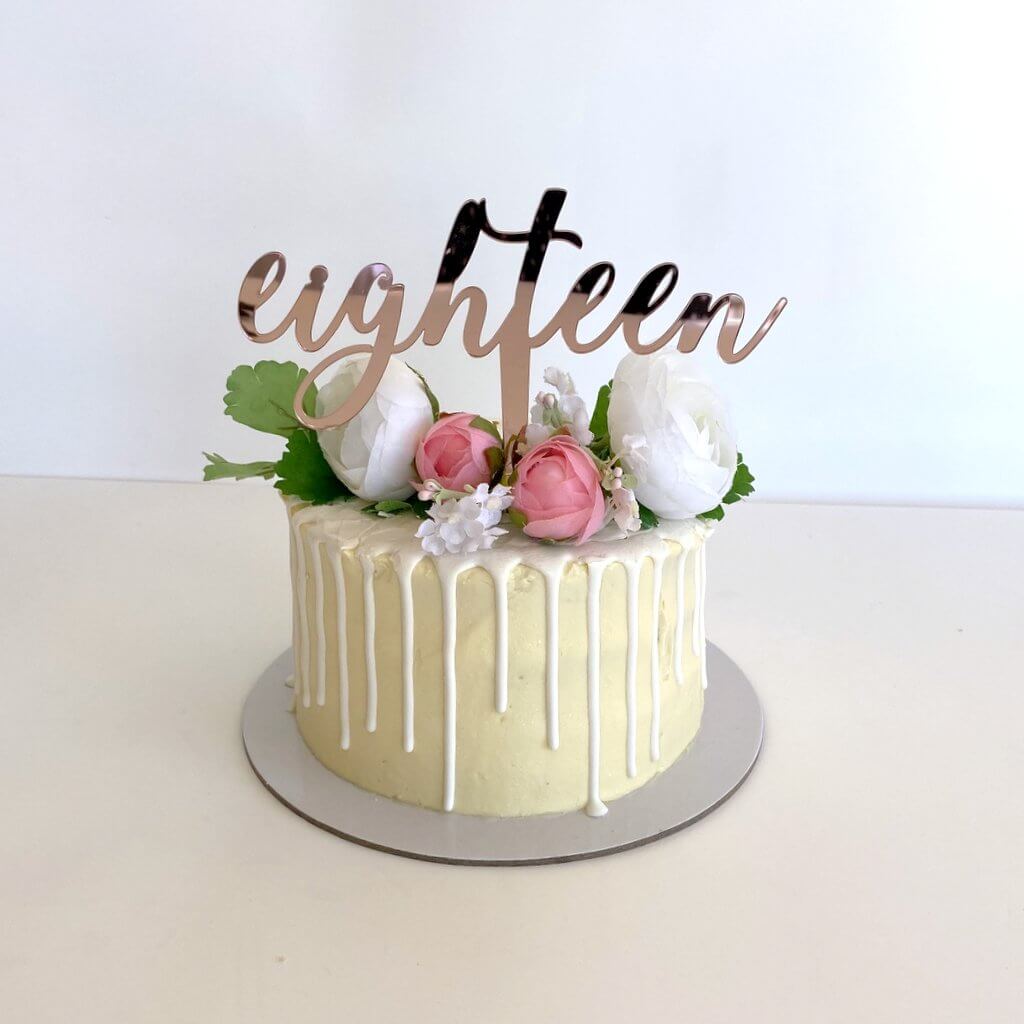 Rose Gold Mirror Acrylic 'eighteen' Script Cake Topper