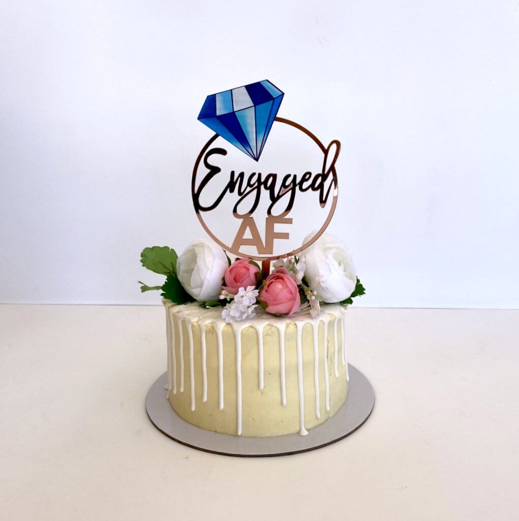 Acrylic Rose Gold Mirror Engaged Loop with Blue Diamond Cake Topper
