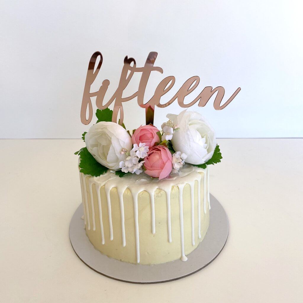 Acrylic Rose Gold Mirror 'fifteen' Script 15th Birthday Cake Topper
