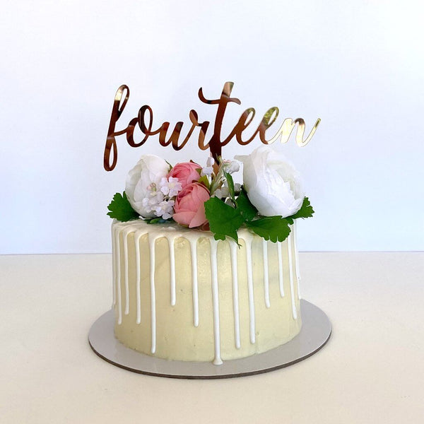 Acrylic Rose Gold 'fourteen' Script Birthday Cake Topper