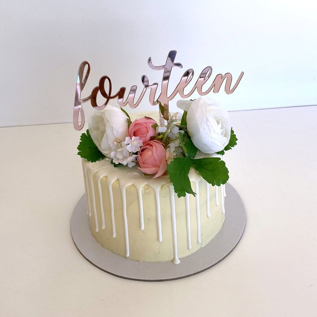 Acrylic Rose Gold "fourteen" Script Birthday Cake Topper