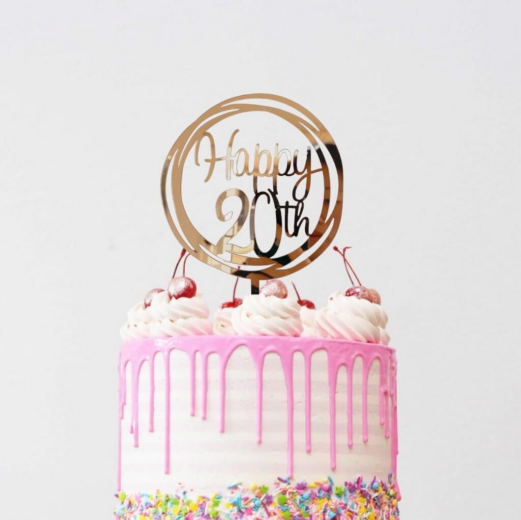 Acrylic Rose Gold Mirror Geometric Circle Happy 20th Cake Topper