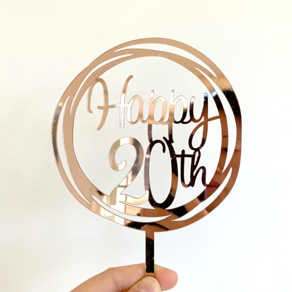 Acrylic Rose Gold Mirror Geometric Circle Happy 20th Cake Topper