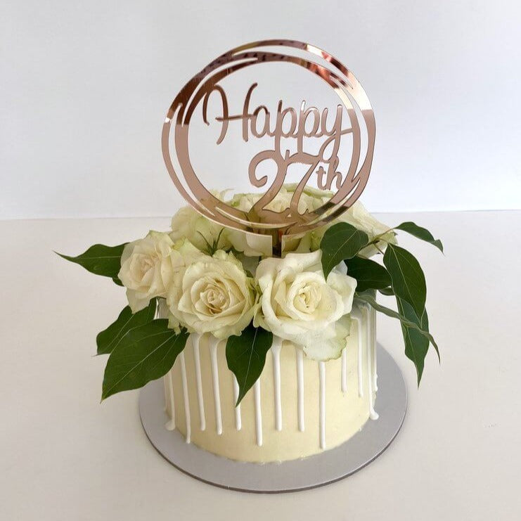 Acrylic Rose Gold Mirror Happy 27th Birthday Geometric Circle Cake Topper