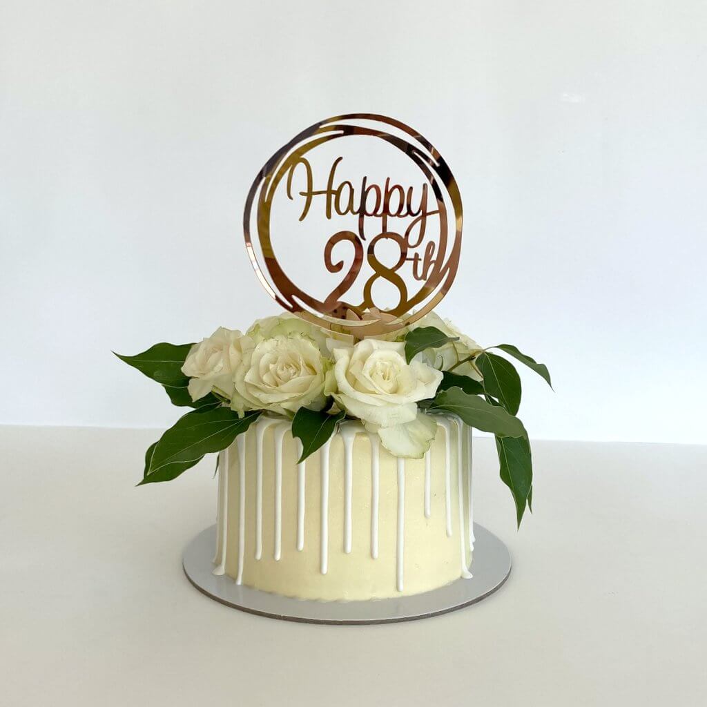 Acrylic Rose Gold Mirror Happy 28th Birthday Geometric Circle Cake Topper