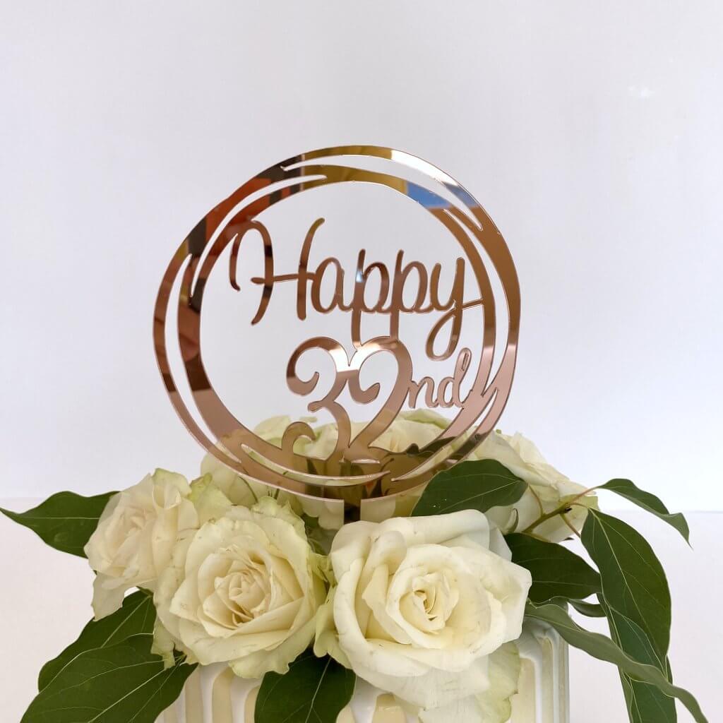 Acrylic Rose Gold Mirror Geometric Circle Happy 32nd Cake Topper