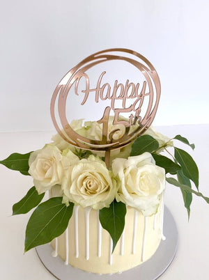 Acrylic Rose Gold Mirror Happy 15th Birthday Geometric Circle Cake Topper