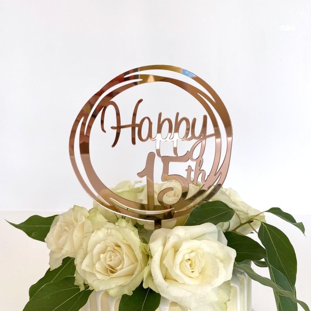 Acrylic Rose Gold Mirror Happy 15th Birthday Geometric Circle Cake Topper
