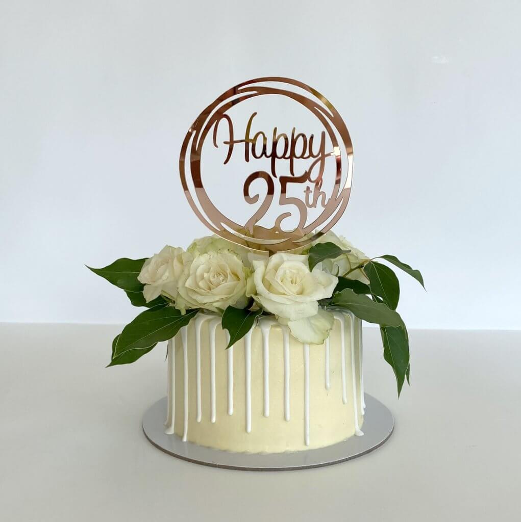 Acrylic Rose Gold Mirror Happy 25th Birthday Geometric Circle Cake Topper