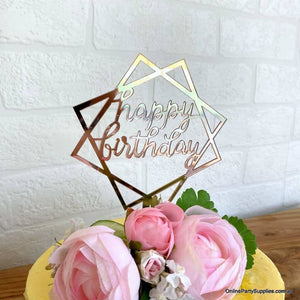 Acrylic Rose Gold Mirror Geometric Hexagon Happy Birthday Cake Topper