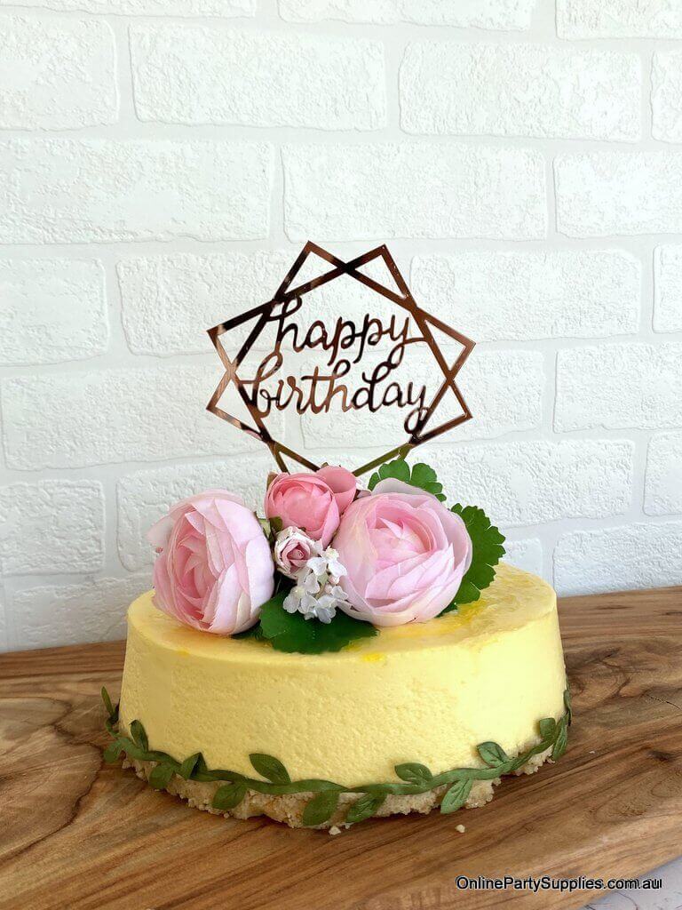 Acrylic Rose Gold Mirror Geometric Hexagon Happy Birthday Cake Topper