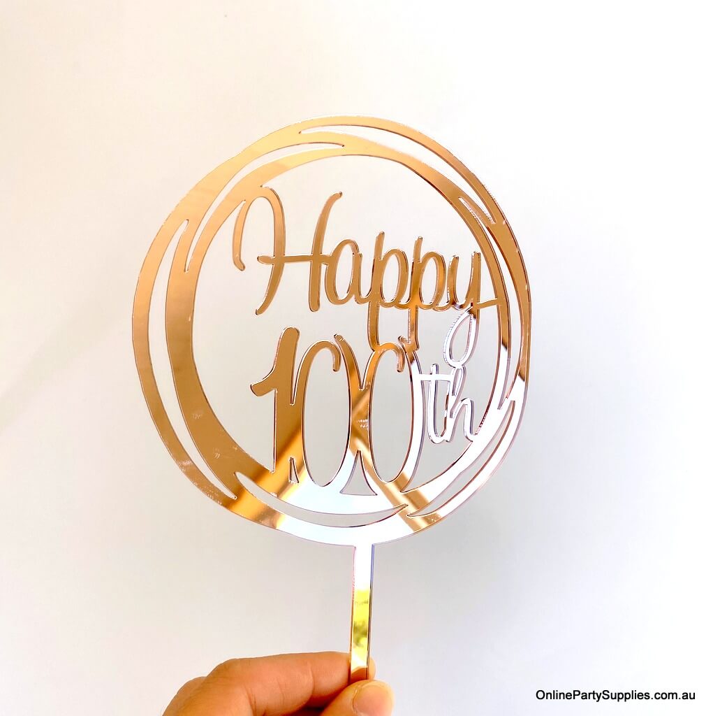 Acrylic Rose Gold Mirror Geometric Circle Happy 100th Cake Topper