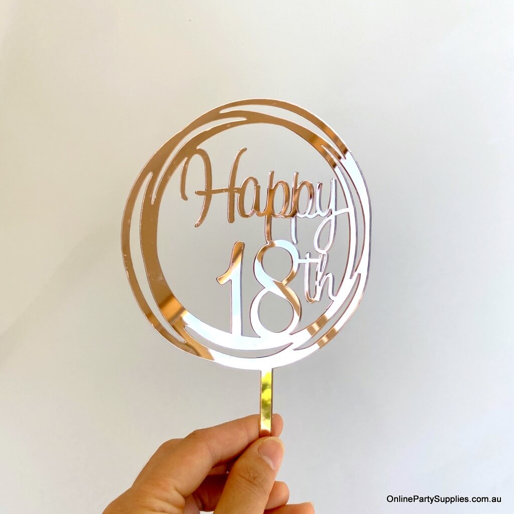 Acrylic Rose Gold Mirror Geometric Circle Happy 18th Cake Topper